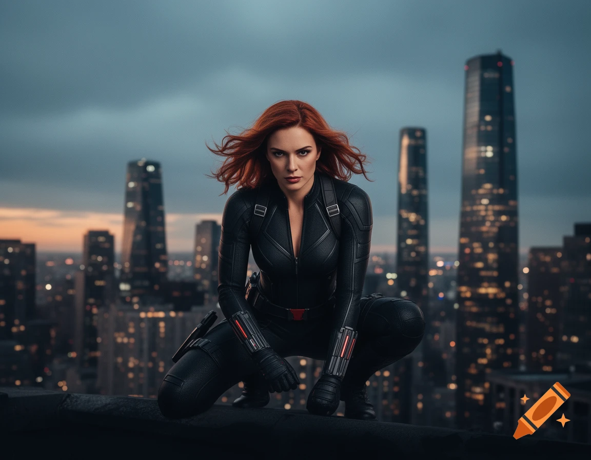 Photorealistic image of a woman resembling Black Widow, crouching on a rooftop against a city skyline at dusk.