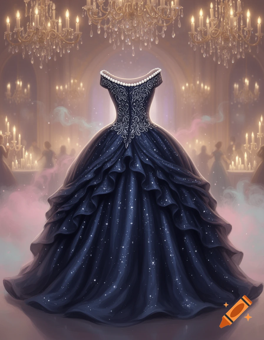 An ornate dark blue ball gown, shimmering with stars, stands in a grand ballroom with sparkling chandeliers.