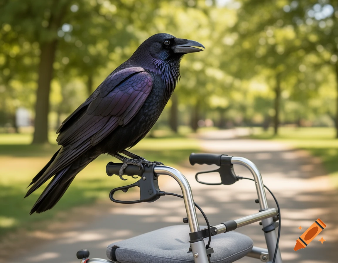 A black raven with iridescent feathers perches on a metallic walker with a grey seat on a path in a sunny park.
