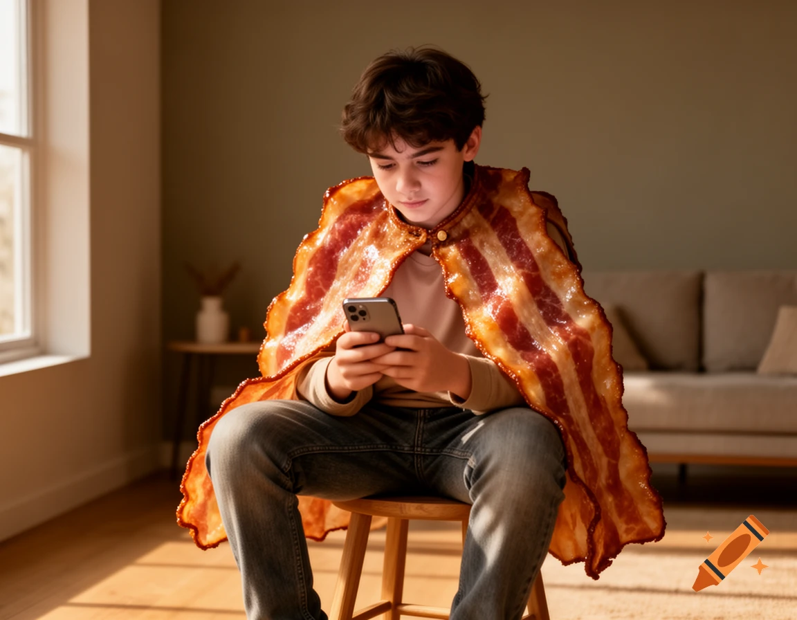 A boy wearing a textured bacon cape sits on a wooden stool, looking down at his smartphone.