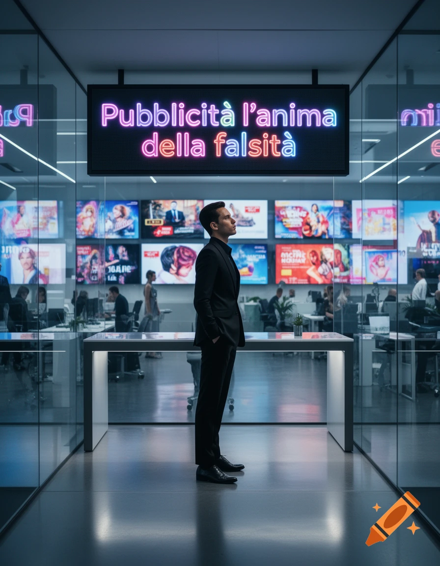 A man in a black suit stands in a modern office, looking at a neon sign reading 'Pubblicità l'anima della falsità' with many screens in the background.
