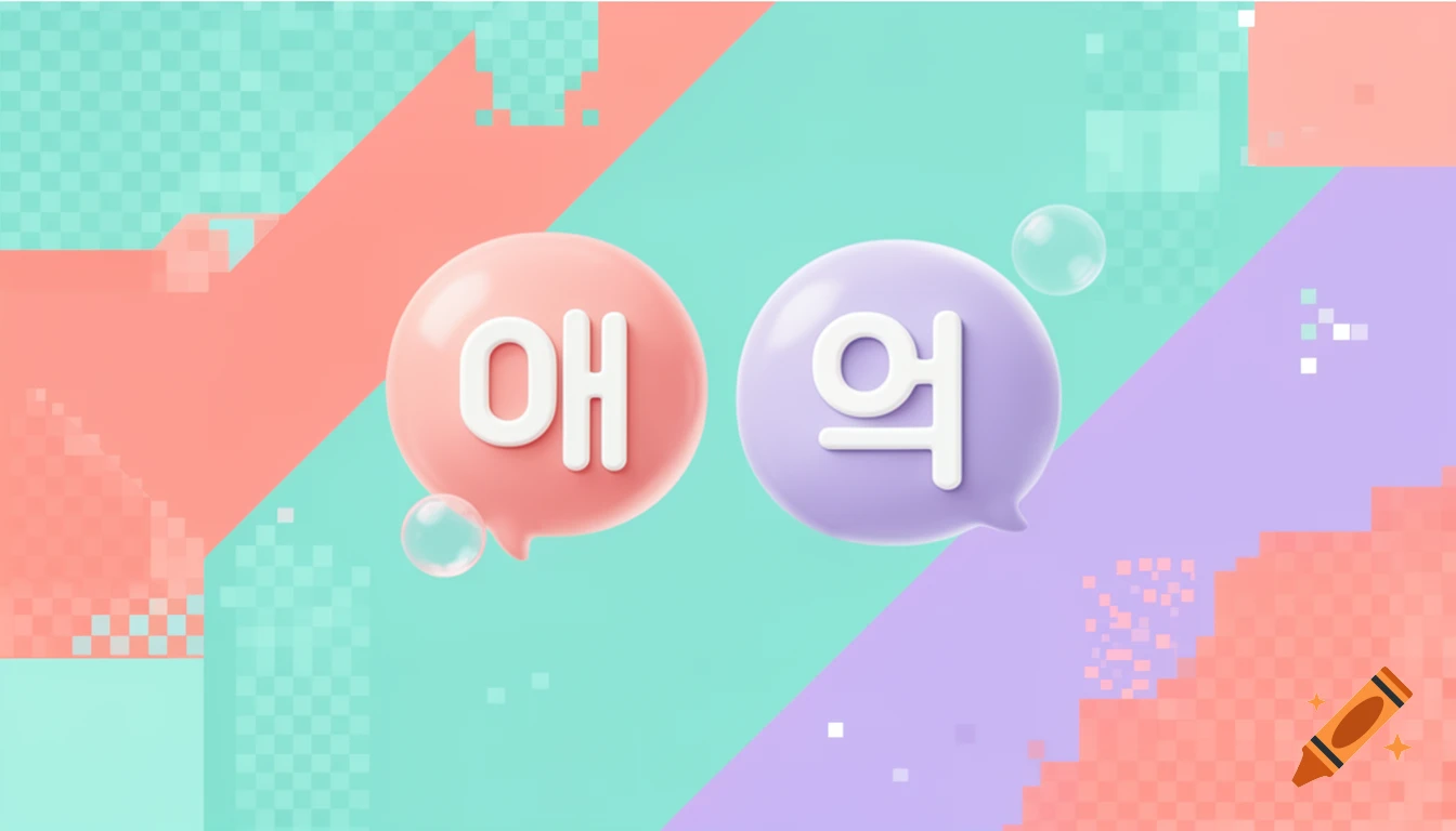 Two pastel-colored speech bubbles, pink with '애' and purple with '어', against a mint green and peach pixelated background, with small transparent bubbles.