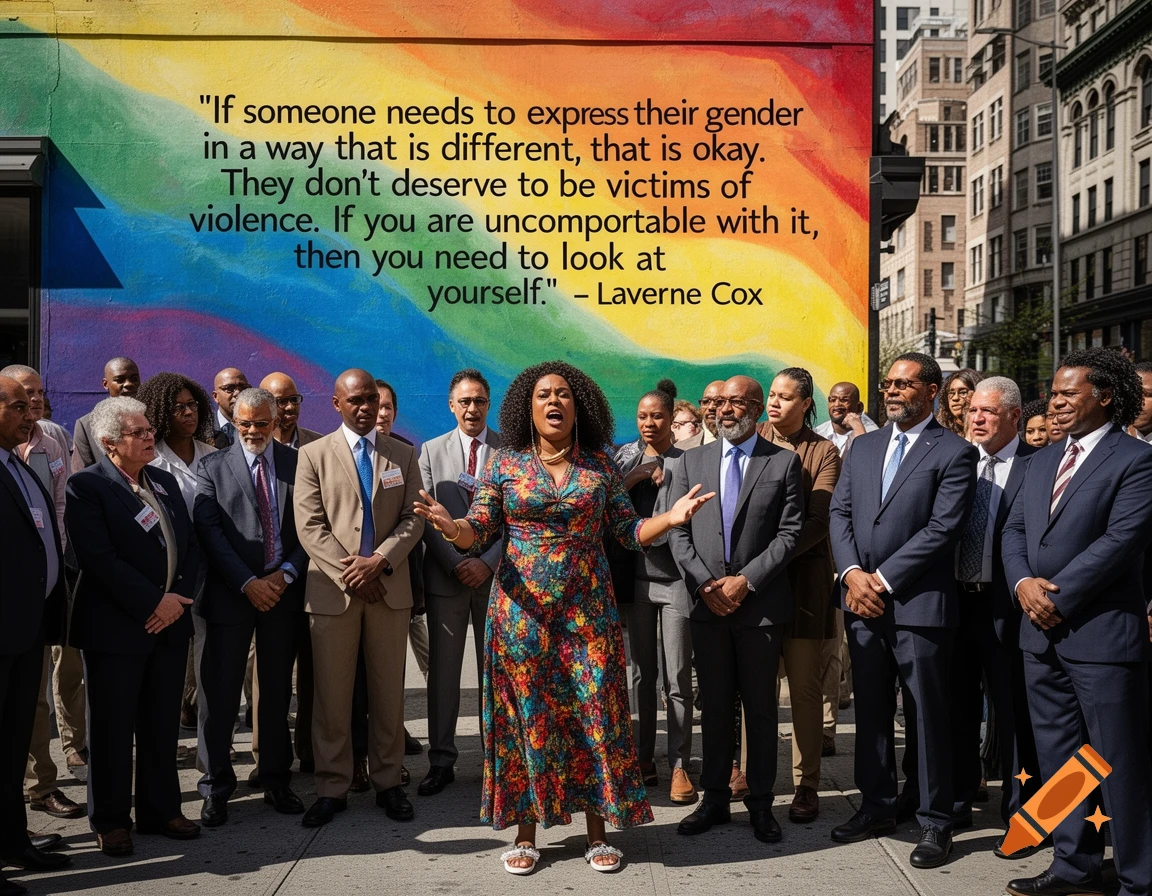 A woman speaks at an outdoor human rights event in a city, standing before a rainbow-colored wall with a quote by Laverne Cox. A diverse group of people surrounds her.