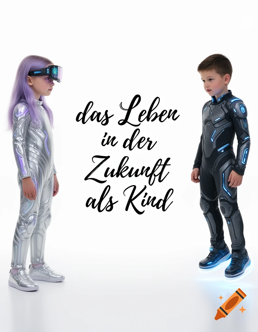 A girl in a silver futuristic suit and VR headset faces a boy in a black futuristic suit, with German text between them.