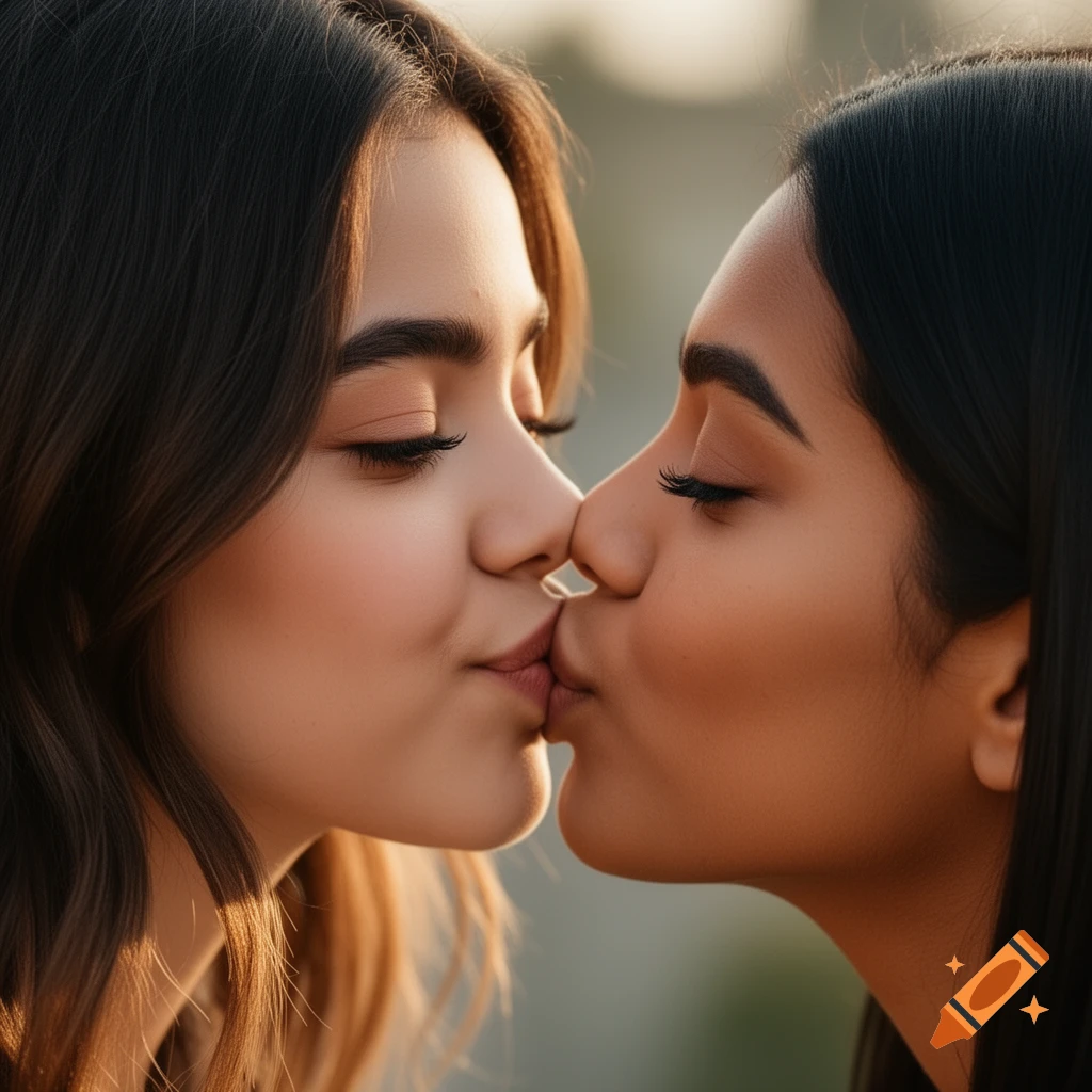 Close-up photorealistic portrait of two women kissing gently, backlit by warm light.