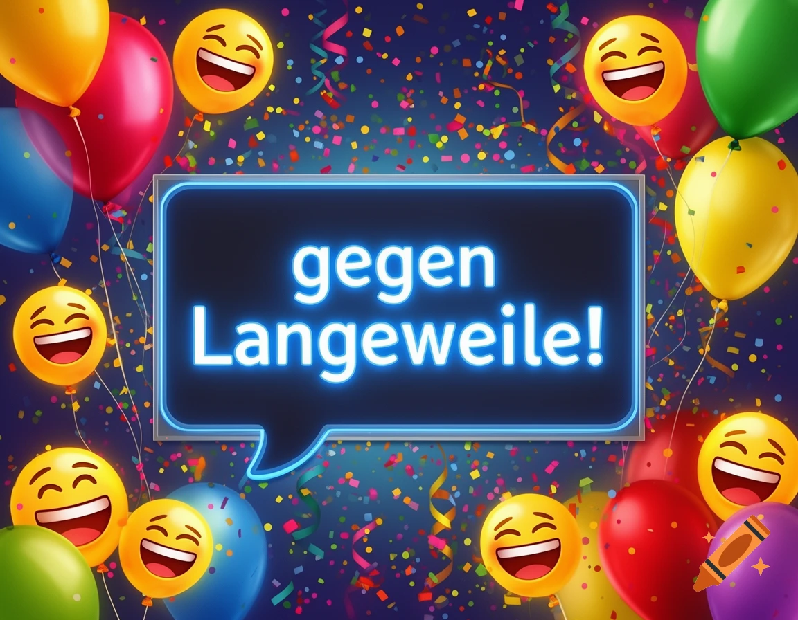 Colorful balloons, laughing emojis, and confetti surround a glowing speech bubble reading 'gegen Langeweile!' on a dark background.