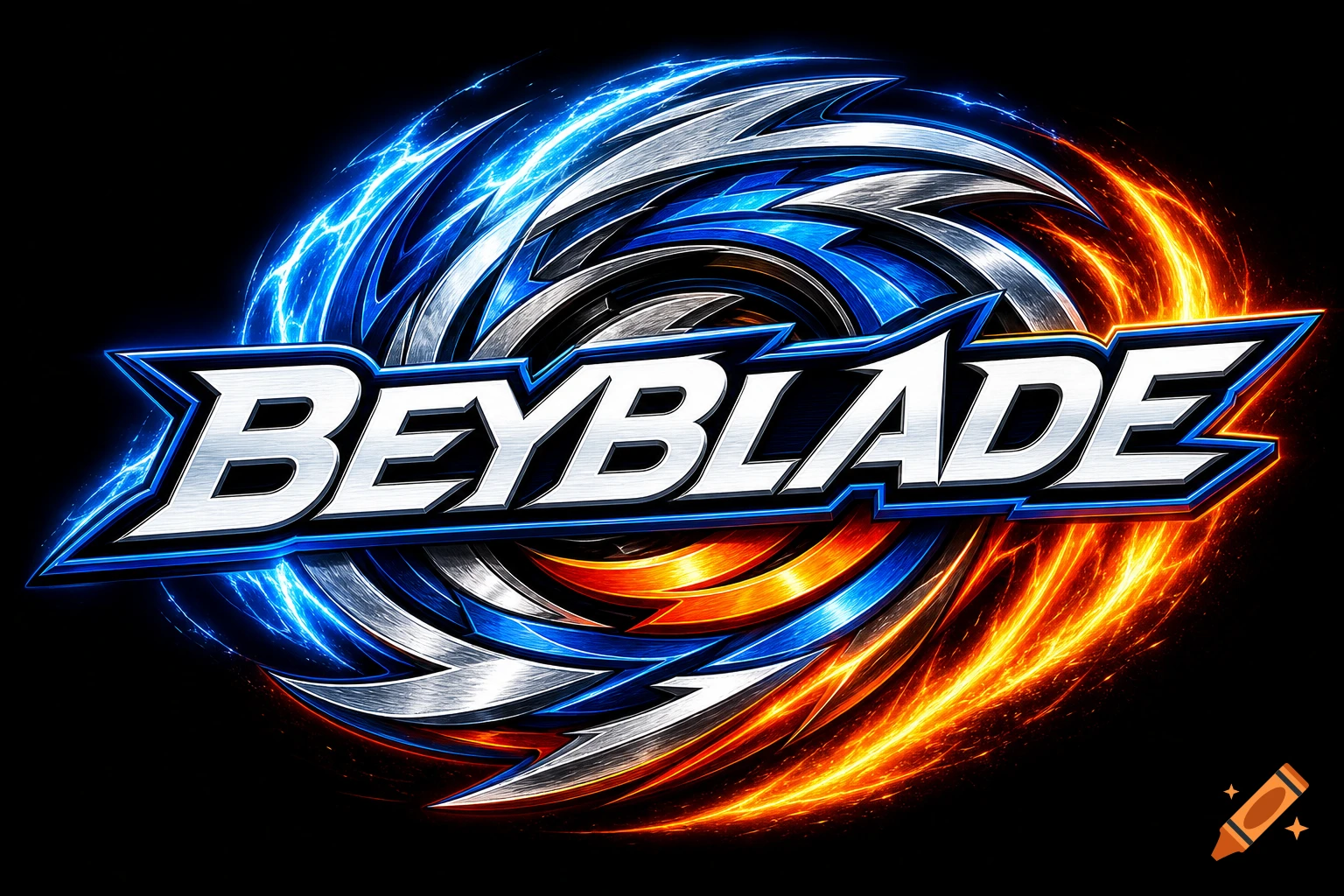 The Beyblade logo, featuring metallic text with blue lightning and orange fiery energy swirling around it on a black background.