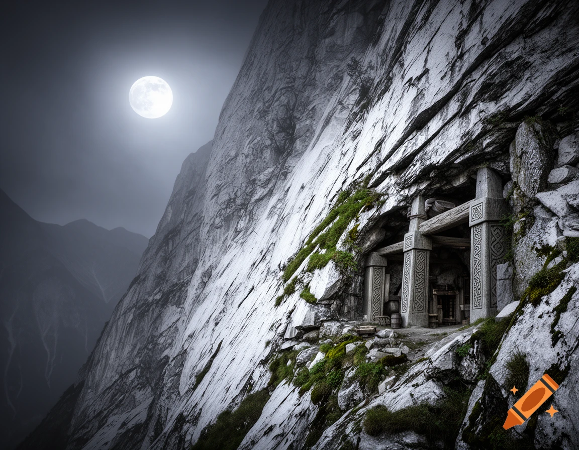A moonlit fantasy mine entrance carved into a steep, rugged mountain face, with intricate stone pillars and green moss.