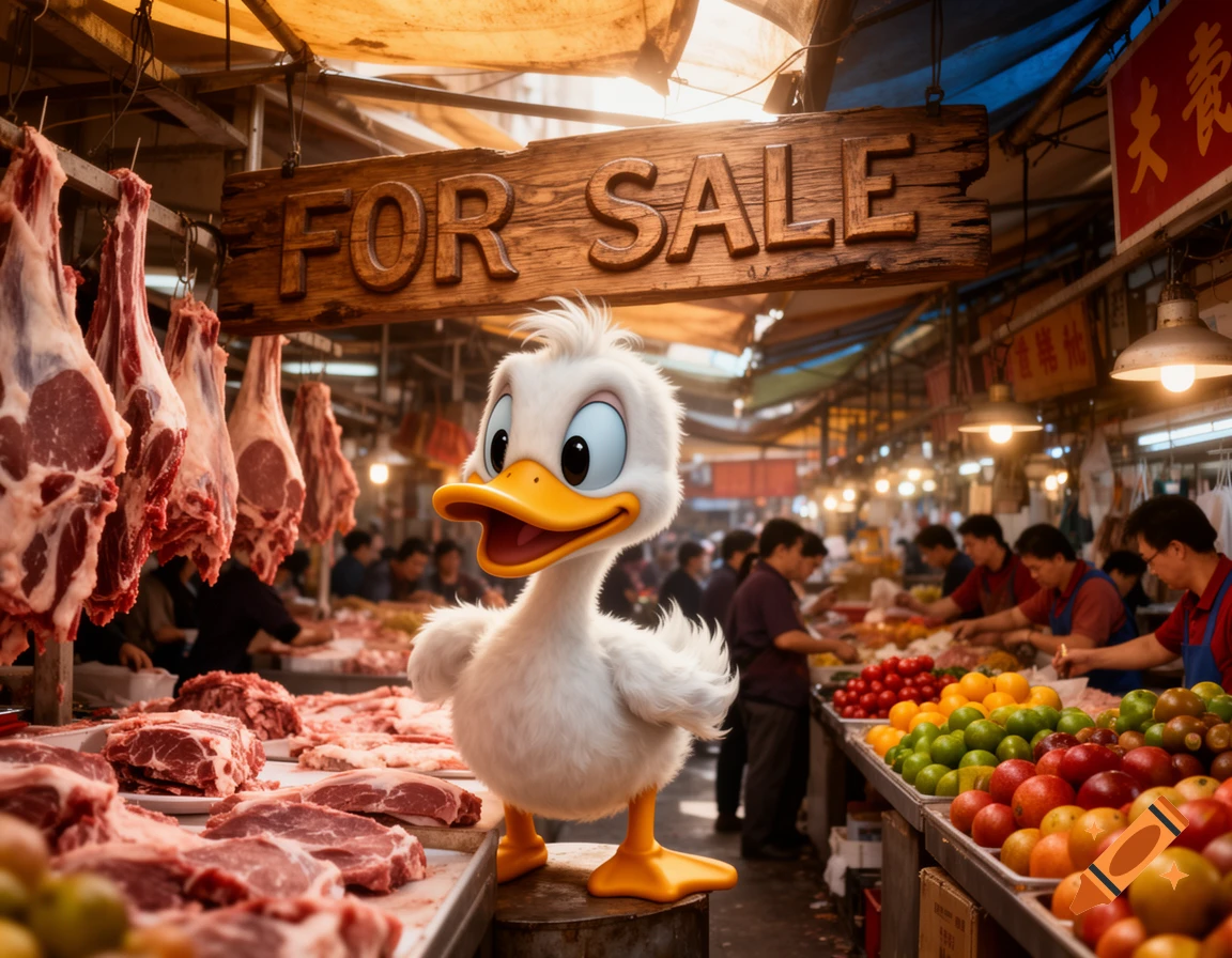 A cartoon duck stands on a stool in a bustling Asian meat and produce market, with a 'FOR SALE' sign above.
