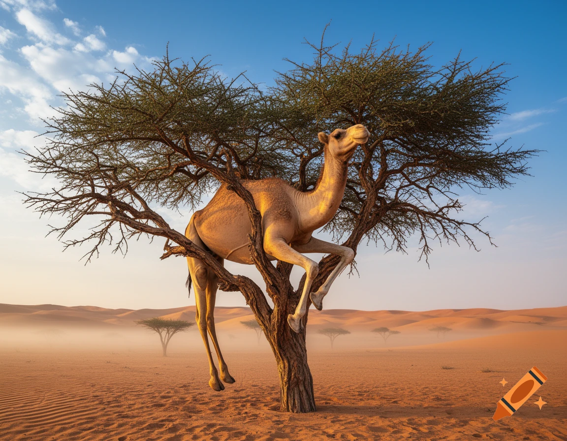 A photorealistic image shows a camel unusually wedged within the branches of a thorny desert tree, against a backdrop of sunlit sand dunes and a blue sky.