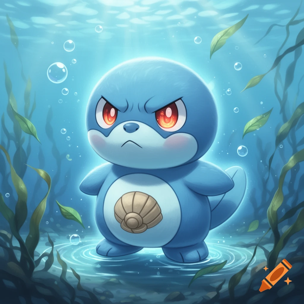 A cute, angry blue Oshawott-like creature with red eyes and a seashell on its belly stands in shallow water surrounded by seaweed and bubbles, in a cartoon style.