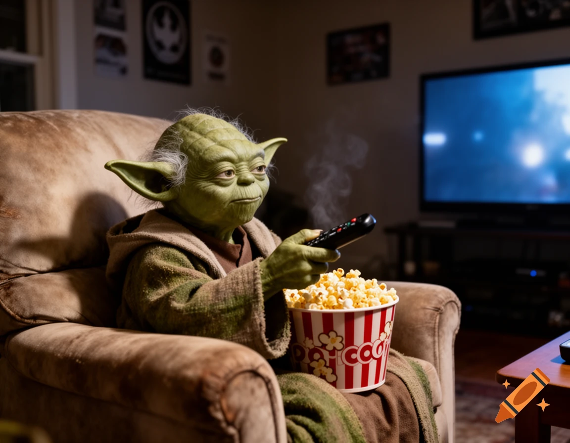 Photorealistic Yoda sits in a comfy armchair, holding a TV remote and a bucket of popcorn, watching TV in a dimly lit room.