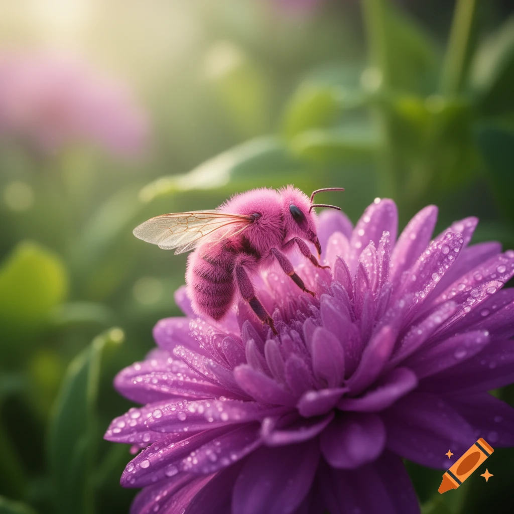 A fluffy pink bee with translucent wings and dewdrops rests on a vibrant purple flower with more dewdrops, against a soft green background.