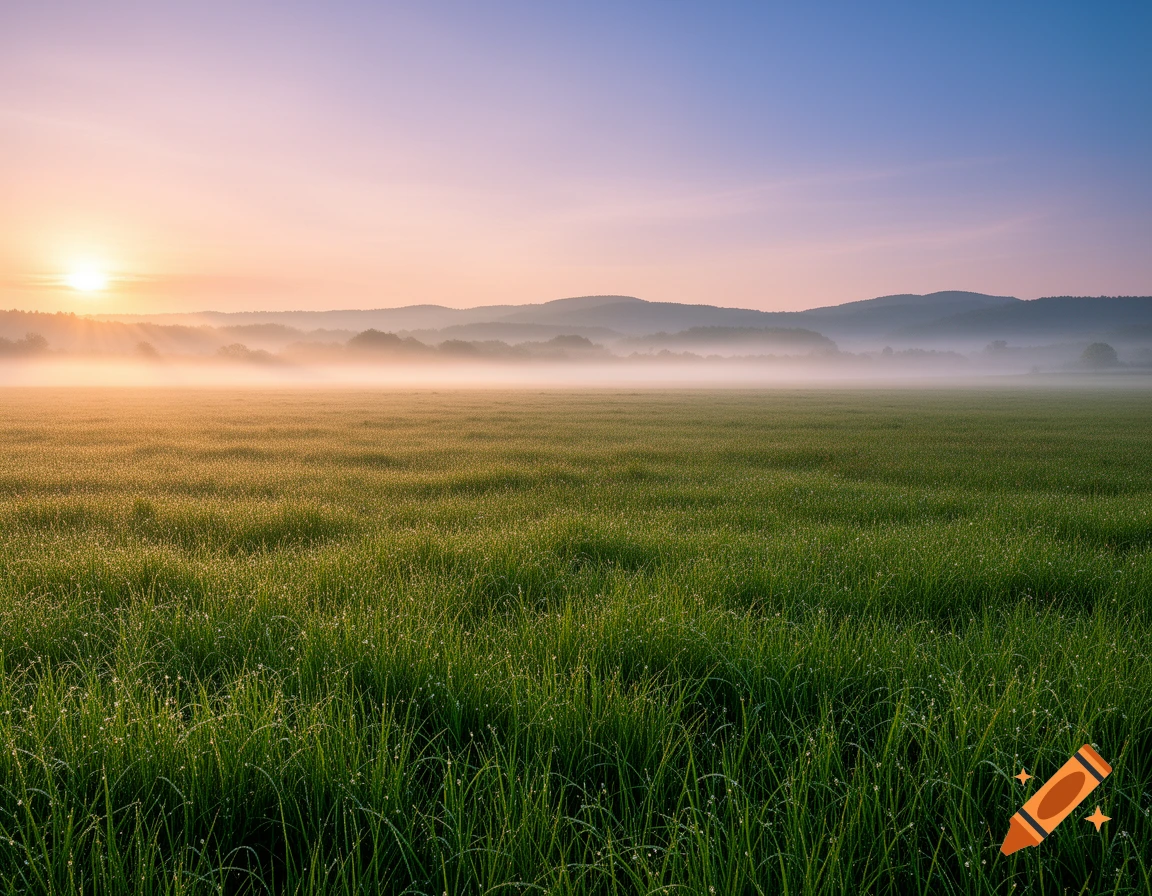 Lush green field with morning dew, hazy mist, and a vibrant sunrise over distant mountains.