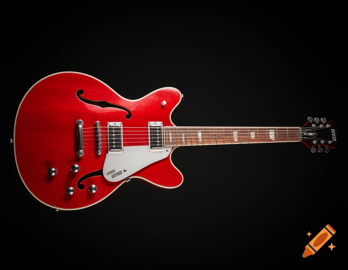 A red Gretsch electric guitar on a black background.