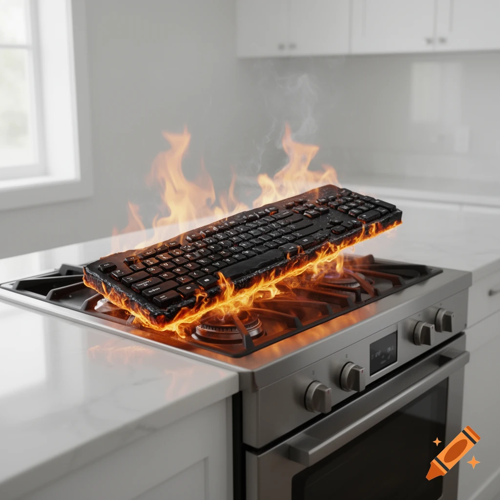 A black computer keyboard is on fire, sitting atop a modern gas stove in a white kitchen.