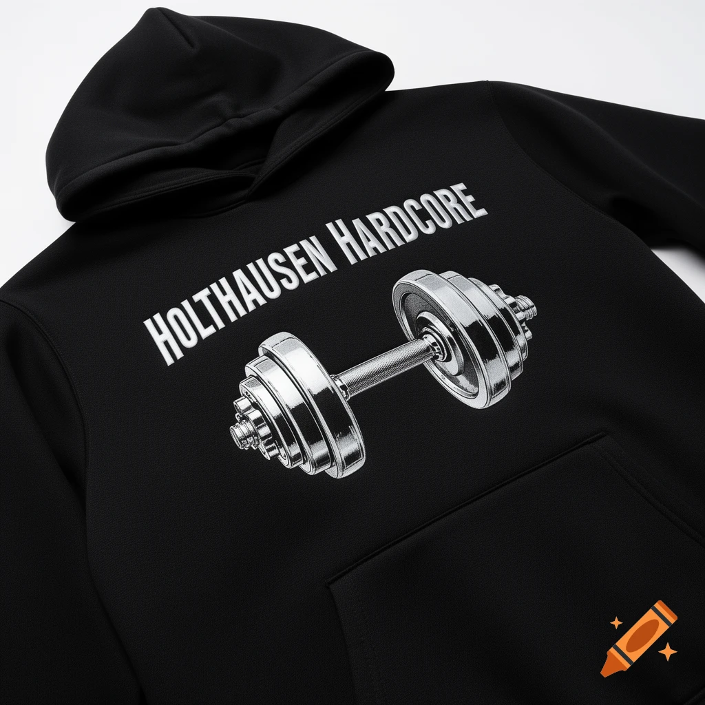 Close-up of a black hoodie featuring a silver dumbbell graphic and 'HOLTHAUSEN HARDCORE' text.