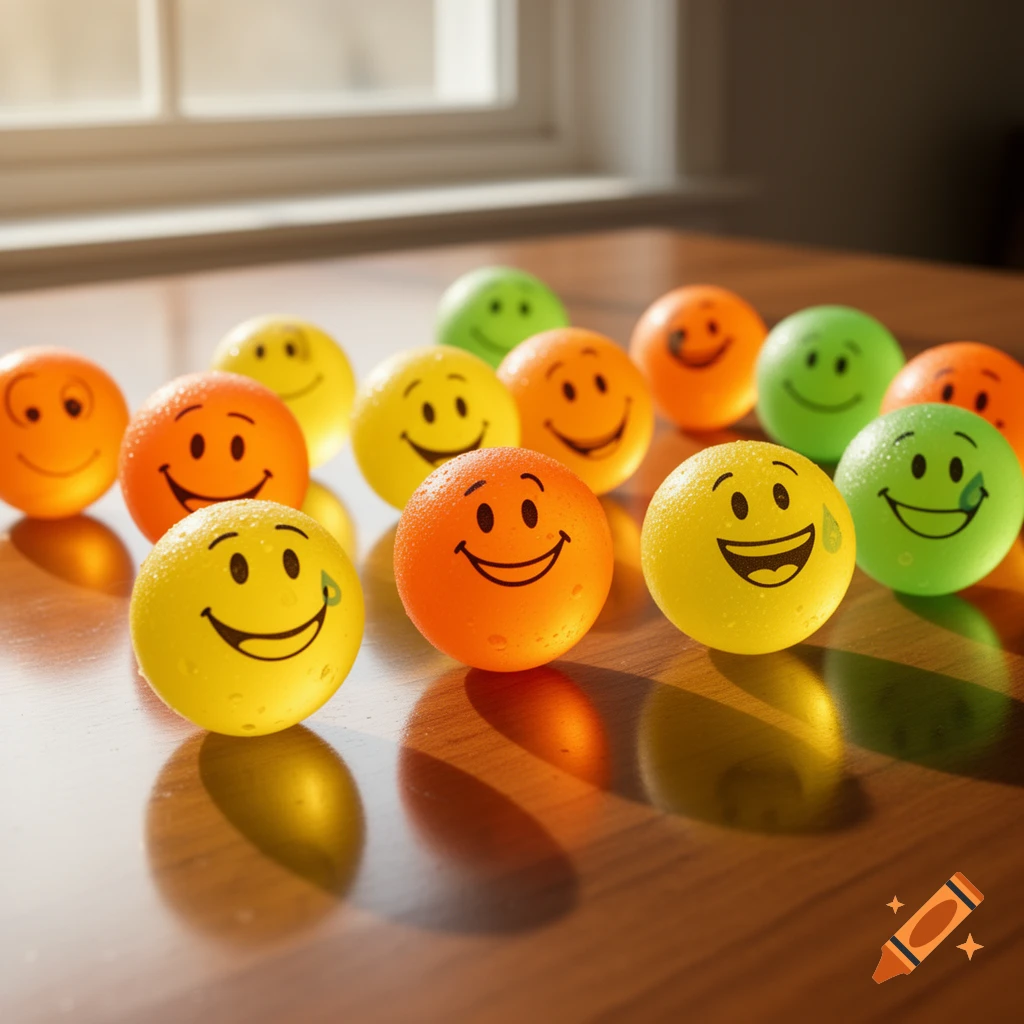 A close-up of a group of vibrant orange, yellow, and green smiley face bouncy balls, some with water droplets, on a shiny wooden table bathed in sunlight from a window.