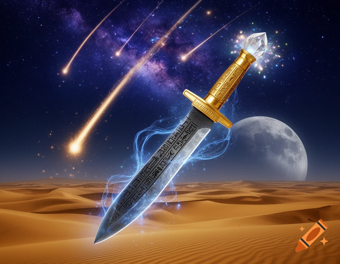 A magical dagger with hieroglyphs floats in a desert, glowing with blue energy under a starry night sky with meteors and a large moon.