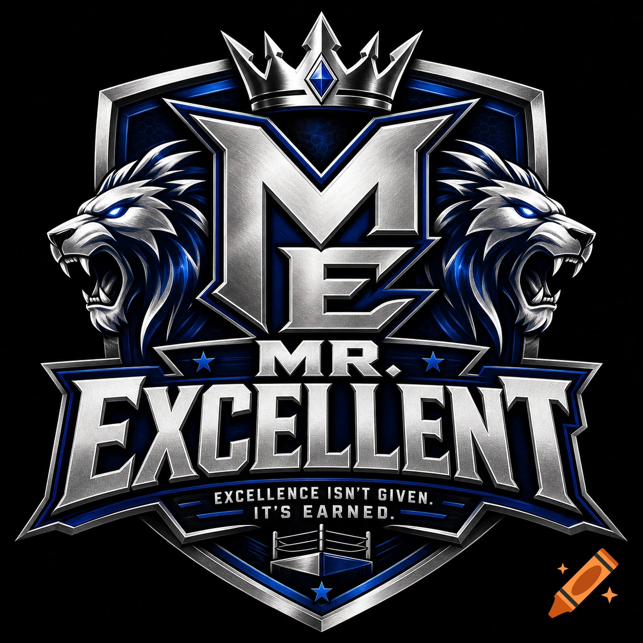 Metallic blue and silver wrestling logo featuring two roaring lion heads, a crown, and the text "ME MR. EXCELLENT".