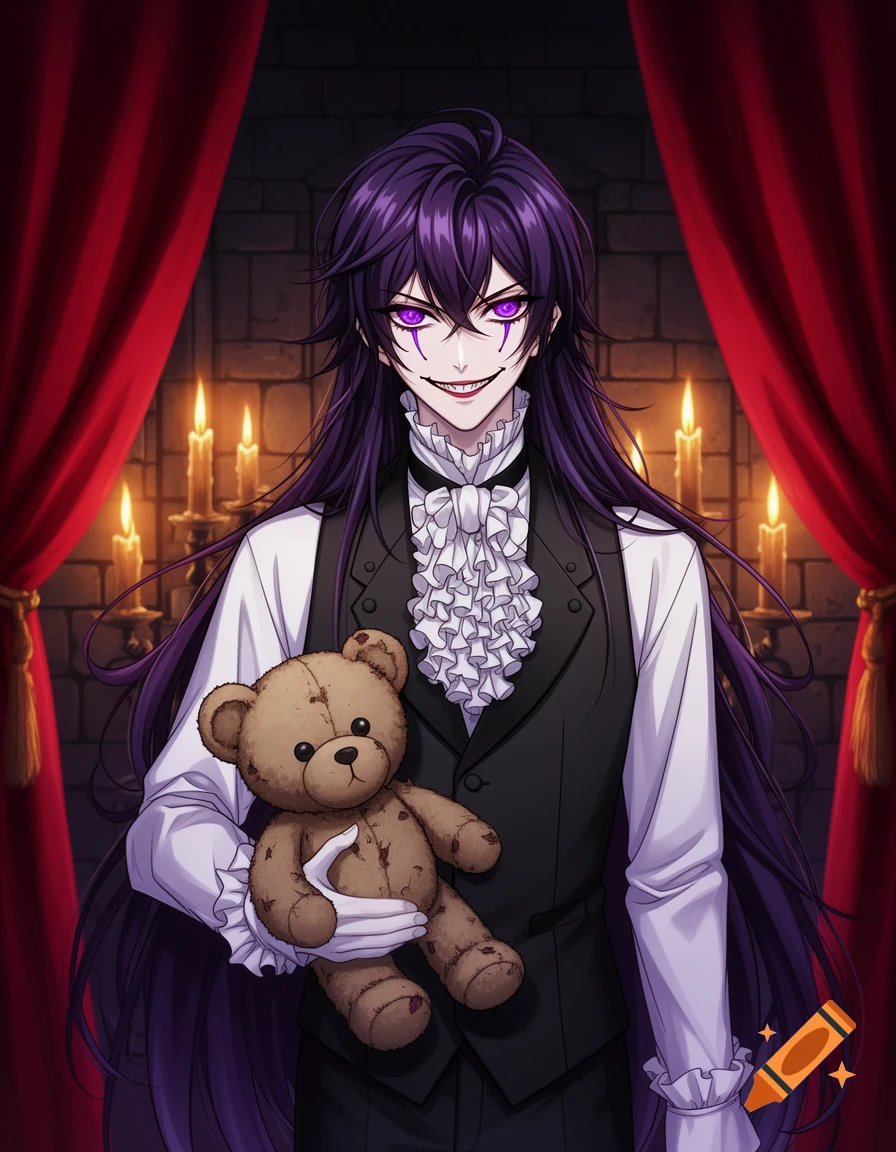 Anime character with long purple hair, glowing eyes, and a sharp smile, wearing a vest and ruffled shirt, holding a worn teddy bear in a candlelit room with red curtains.