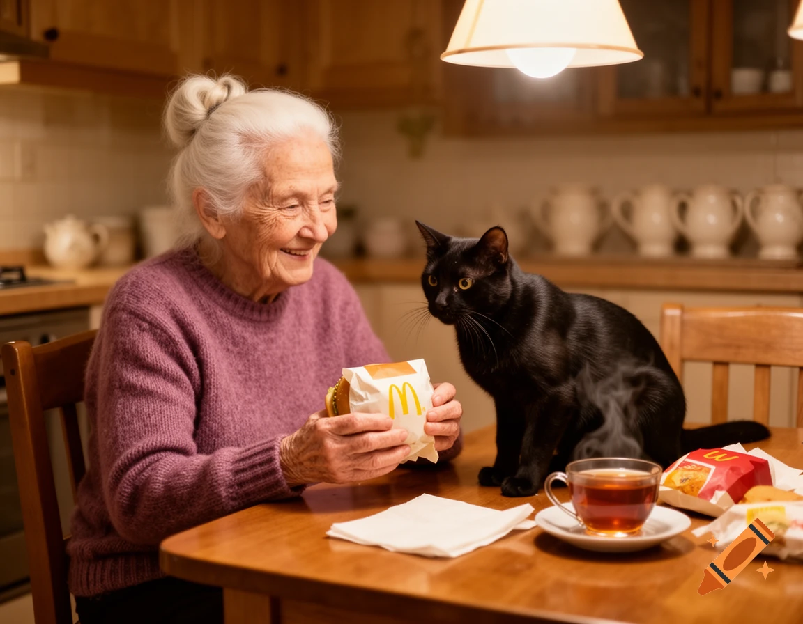 A smiling elderly woman holds a McDonald's burger at a kitchen table while a black cat looks on.