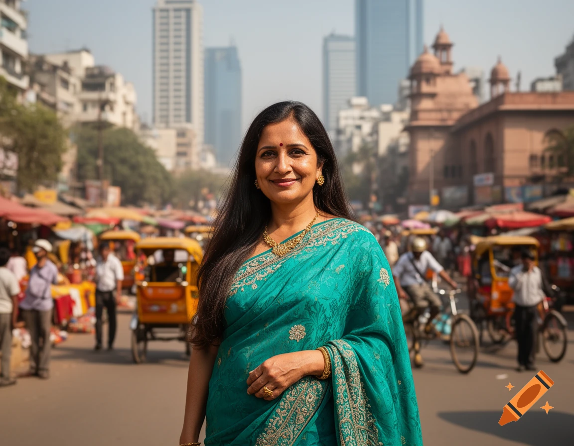 A smiling Indian woman in a teal saree and gold jewelry stands in a bustling New Delhi market street with auto-rickshaws and buildings.