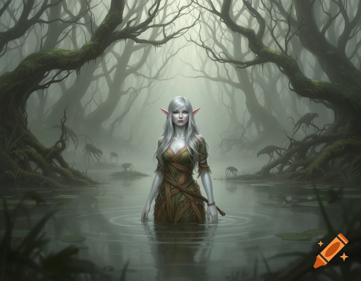 A white-haired, pale-skinned female elf in a green outfit stands in a misty swamp surrounded by gnarled, mossy trees.