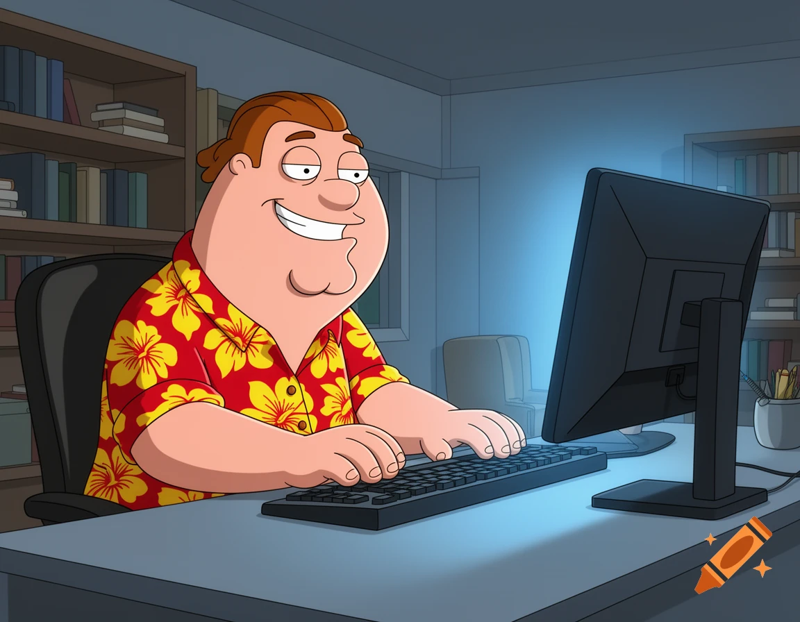 Cartoon character Glenn Quagmire from Family Guy smiles while typing on a computer at a desk with bookshelves in the background.