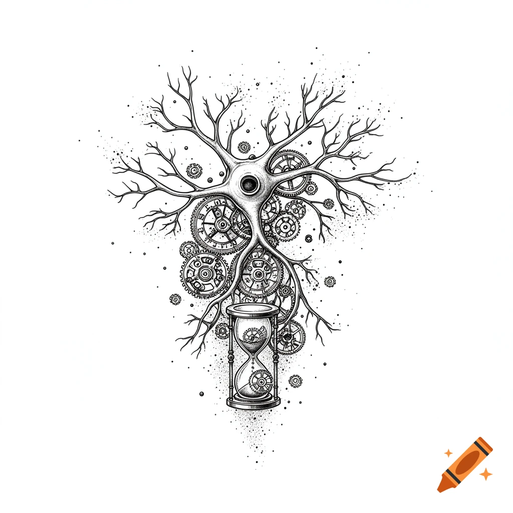 Black line art of a neuron with steampunk gears and an hourglass on a white background, symbolizing memory and time.