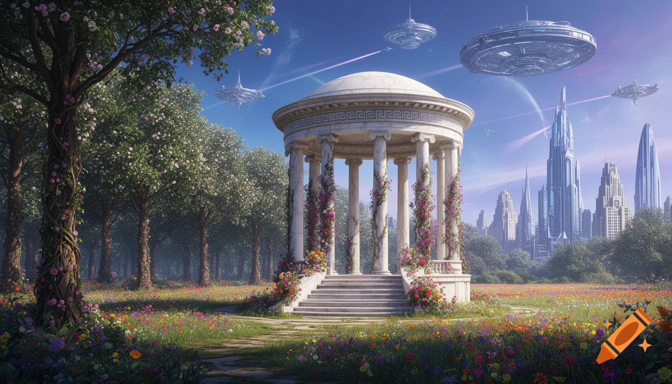 A marble gazebo with flowering vines in a vibrant meadow, backed by a flowering forest and a futuristic city with flying spaceships.