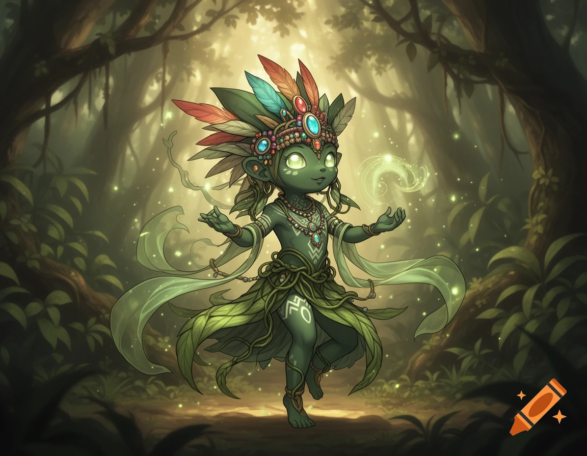 A small, green jungle creature resembling a shaman, adorned with feathers and jewels, stands in a glowing forest.