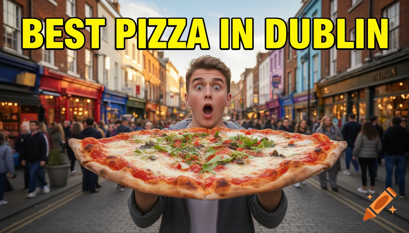 A shocked person holds a large pizza in a bustling Dublin street with "BEST PIZZA IN DUBLIN" text overlay.