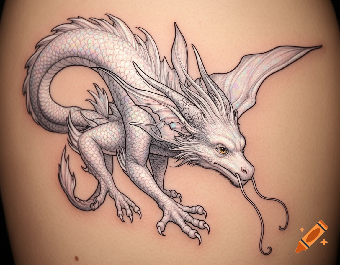 A detailed white dragon tattoo with iridescent scales, reminiscent of Falkor, on light skin.