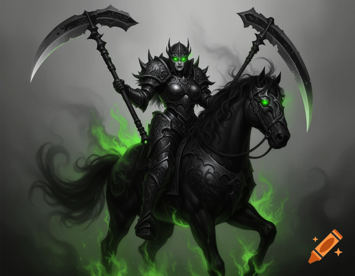 A death knight in black armor with glowing green eyes, holding two scythes, riding a black horse with green eyes and green fire.