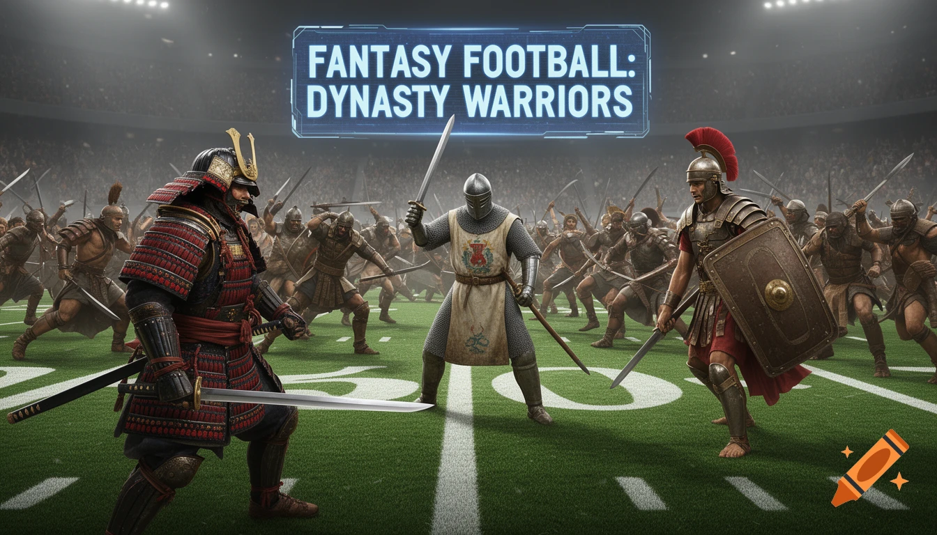 A samurai, knight, and Roman warrior lead armies on an American football field, with 'FANTASY FOOTBALL: DYNASTY WARRIORS' text.