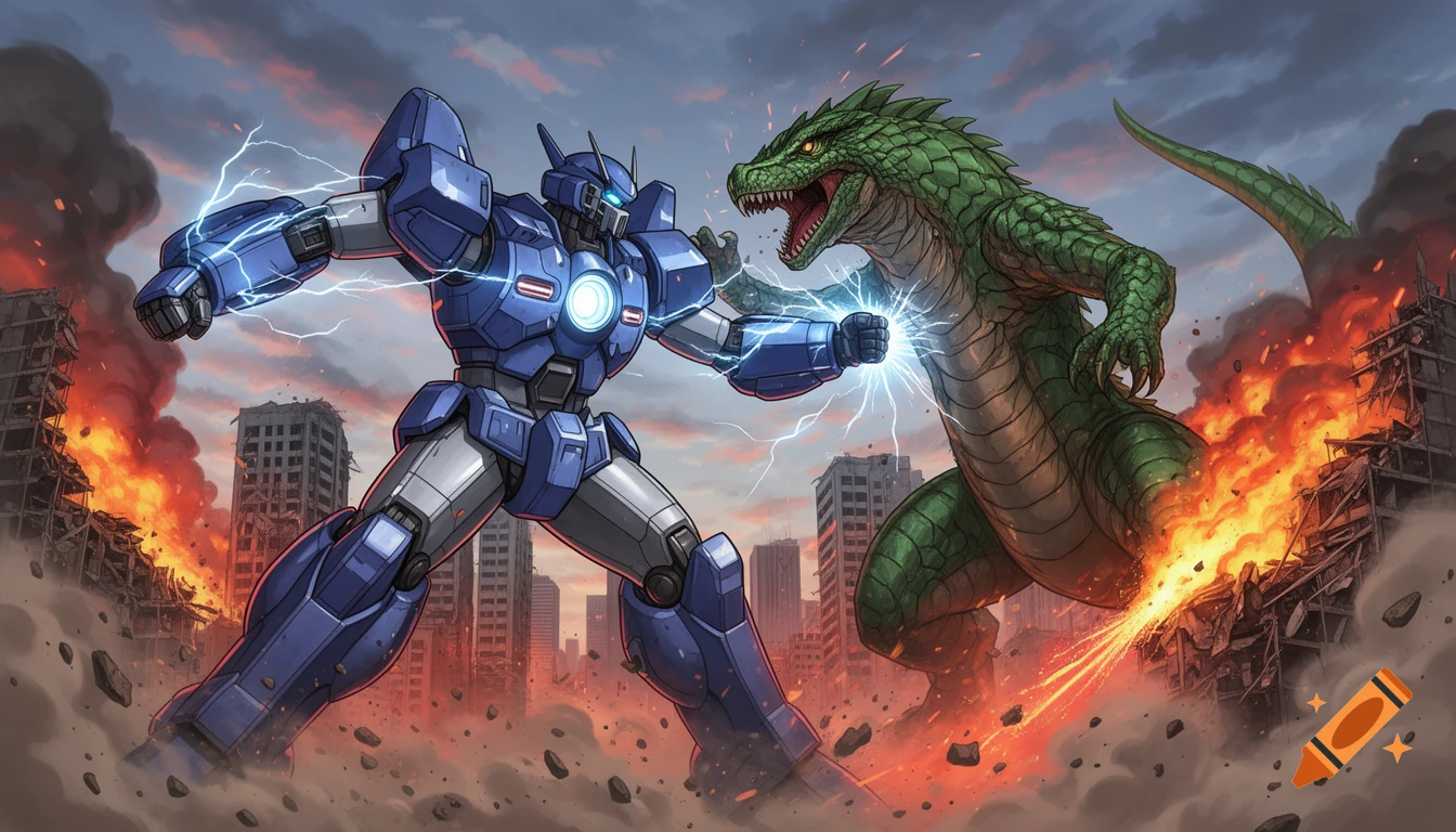 A blue robot battles a green lizard monster amidst burning, destroyed city buildings in a dynamic action scene.