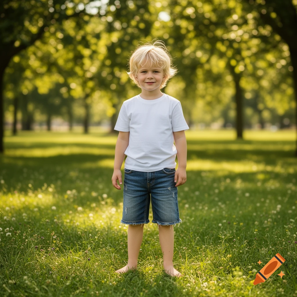 Blond boy in white t-shirt and denim shorts stands barefoot in a sunny grassy park, smiling.