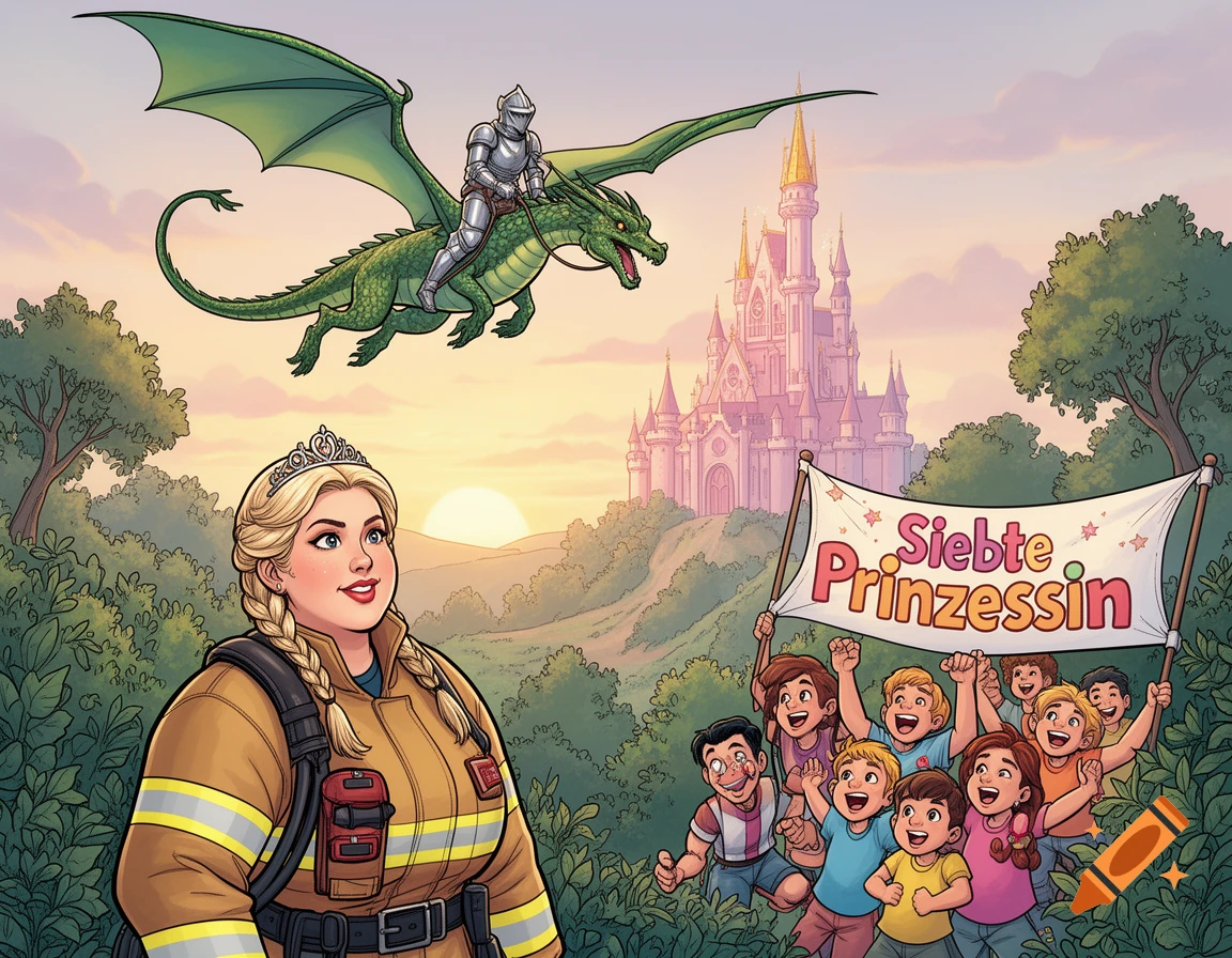 Comic illustration of a princess in firefighter gear, a knight on a green dragon, a castle, and cheering children holding a banner.