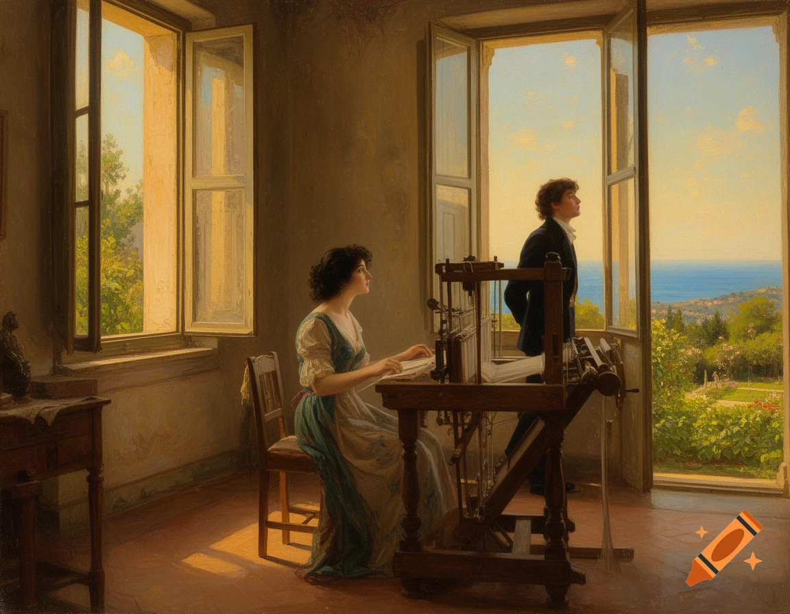 19th-century painting of a woman weaving indoors while a man gazes out an open window at a sunny Italian landscape and sea.