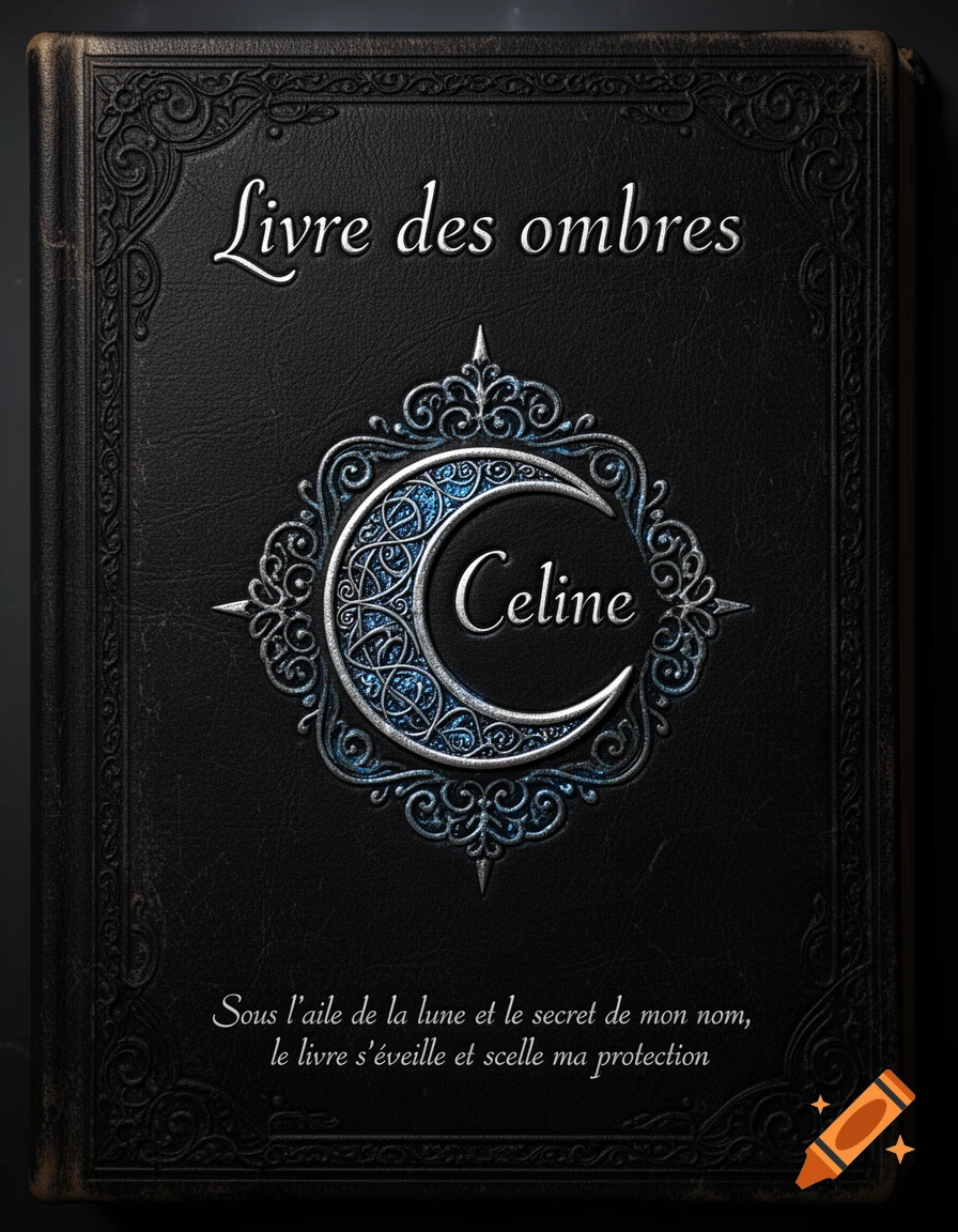 Ornate dark leather book cover with silver embellishments, a blue crescent moon symbol, and the title 'Livre des ombres'.