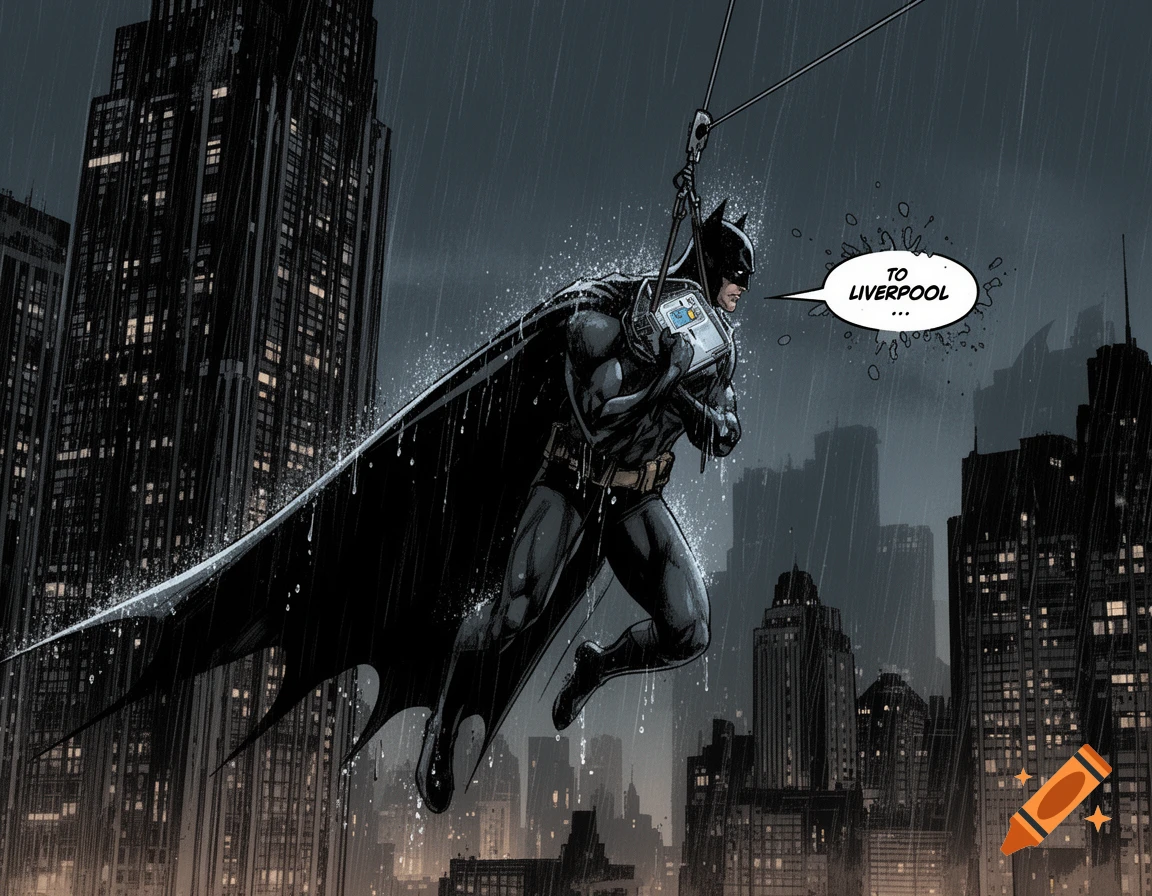 Batman ziplines through a rainy comic book cityscape at night, holding a device. A speech bubble says 'TO LIVERPOOL'.