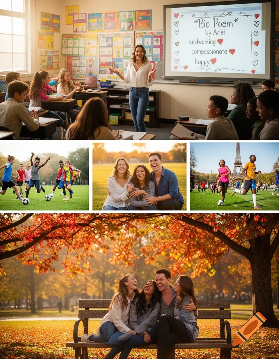 A collage of diverse scenes: a teacher instructing students in a bright classroom, kids playing soccer on a green field, young adults laughing in a park, and two people running near the Eiffel Tower.