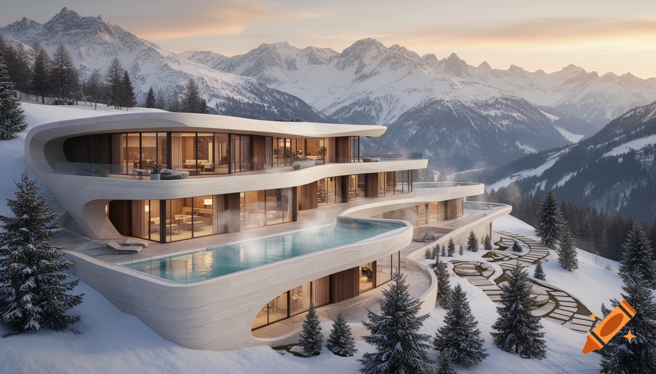 Photorealistic luxury resort with infinity pools on snowy mountain slope in Austrian Alps at golden hour.