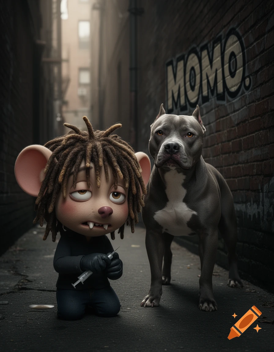 A stylized cartoon character with dreadlocks kneels, holding a syringe, next to a grey Pitbull in a dark alley with "MOMO." graffiti on a brick wall.