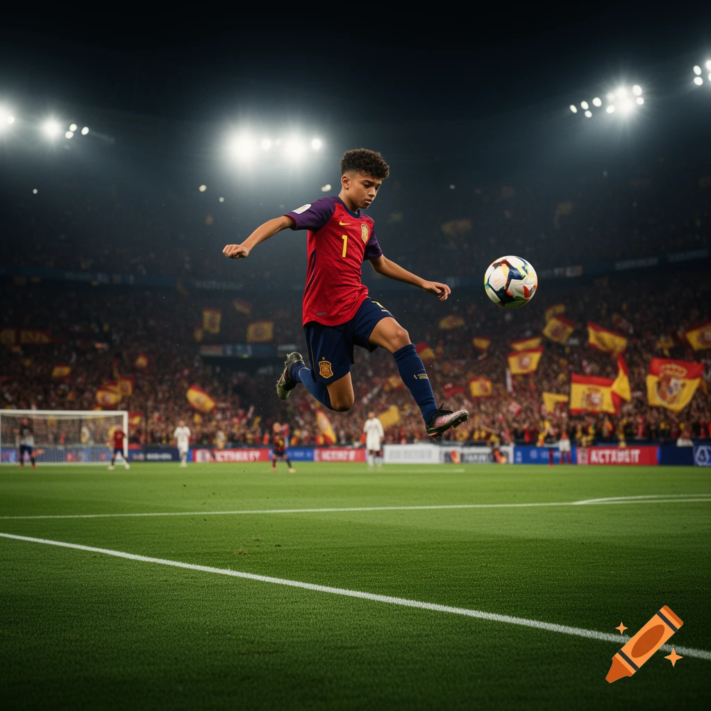 A young male soccer player in a red and blue uniform leaps to kick a ball in a brightly lit stadium crowded with spectators.