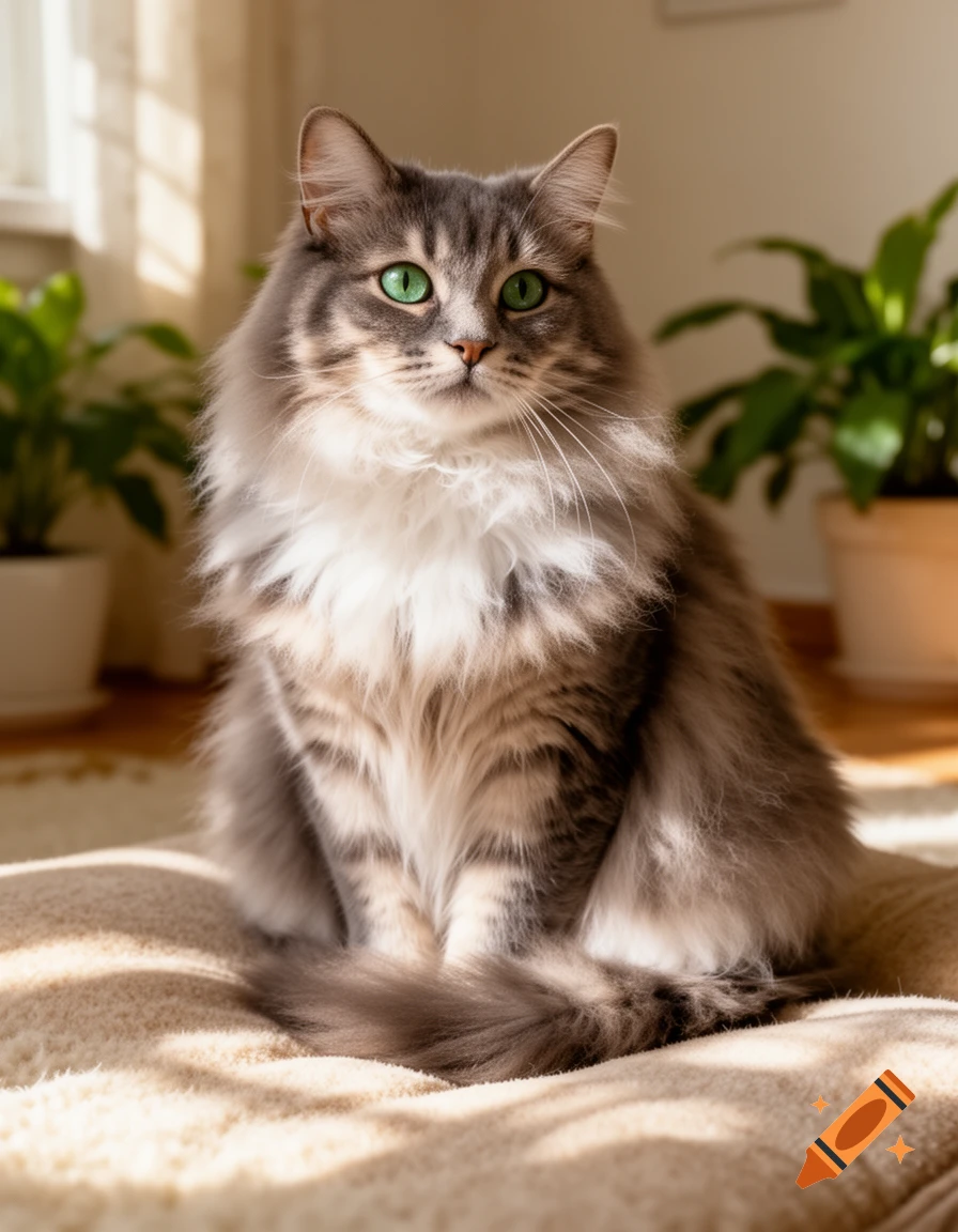 A fluffy grey and white cat with bright green eyes sits on a soft blanket in a sunlit room, looking forward.