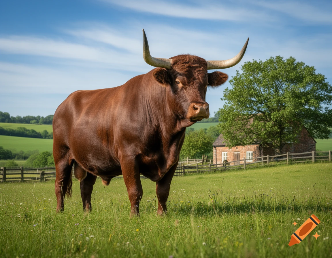 A large brown ox with long horns stands in a vibrant green grassy field under a bright blue sky, with a farm building and rolling hills in the background.