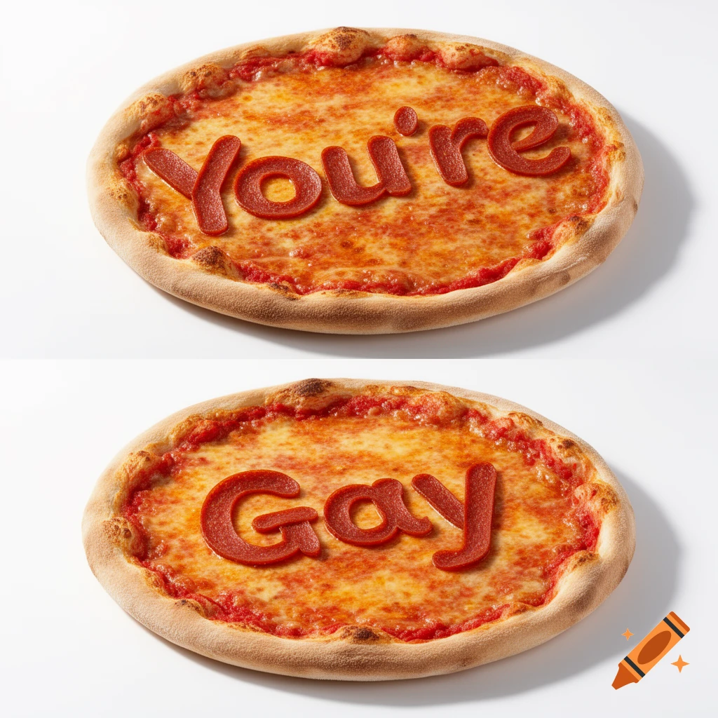 Two photorealistic pizzas on a white background, one with 'You're' and the other with 'Gay' spelled out in pepperoni.