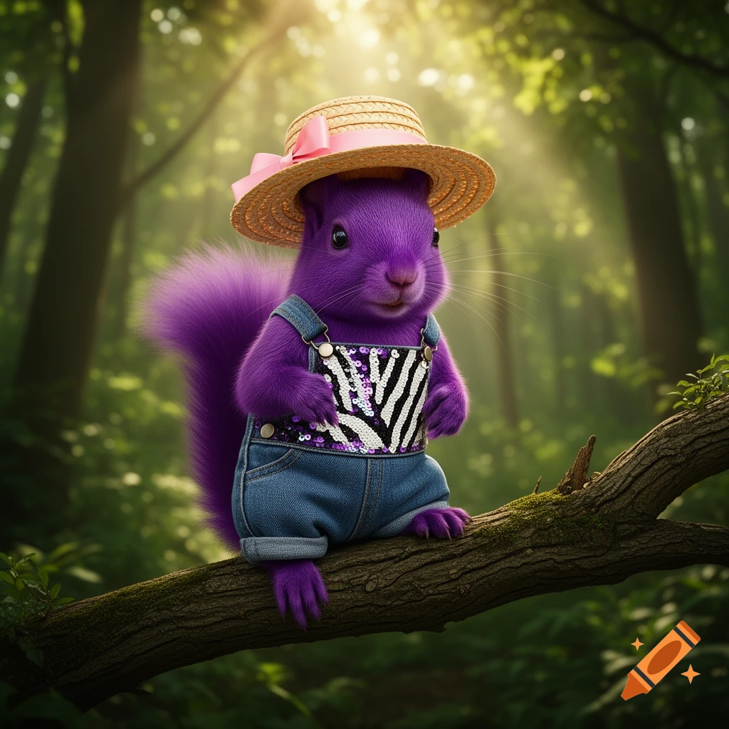 A whimsical purple squirrel in denim overalls with a sequin zebra pattern and a straw hat with a pink ribbon, sitting on a tree branch in a sun-dappled forest.